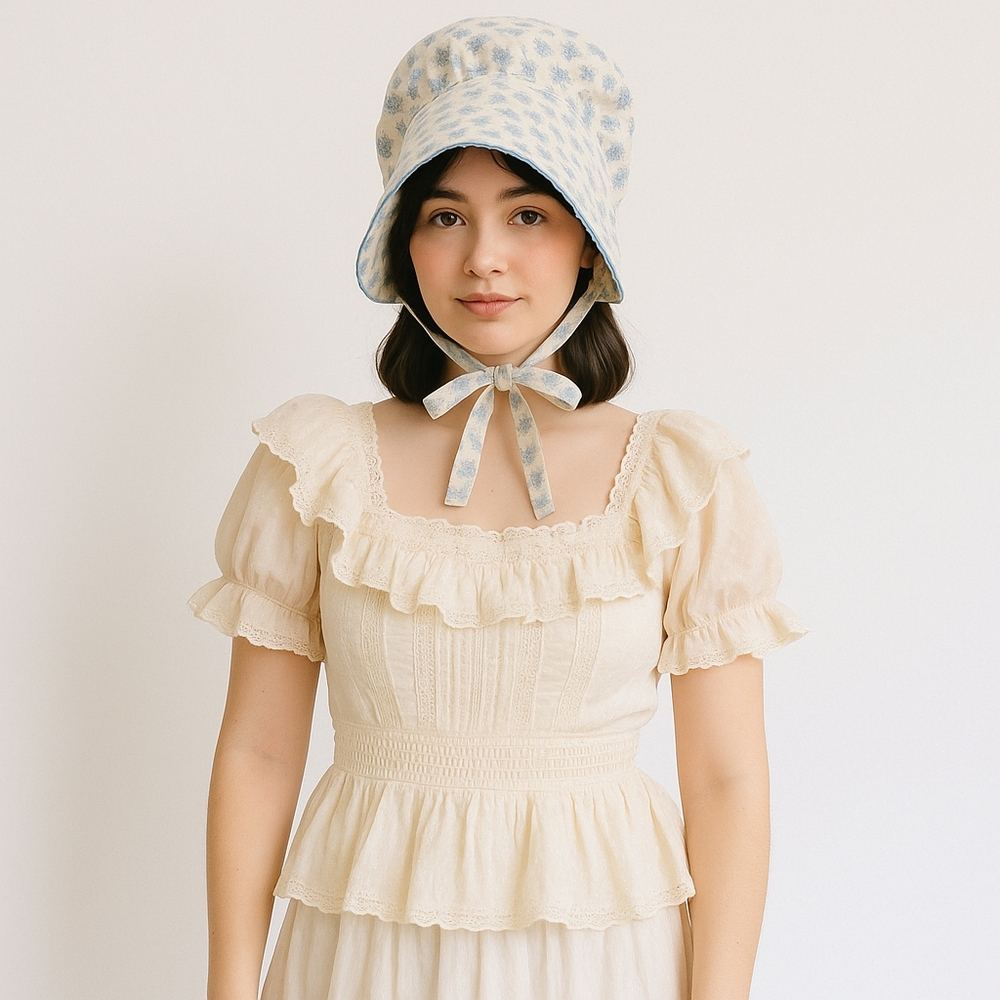 VINTAGE Prairie Cottagecore Blue‎ Floral Sun Bonnet Hat with Ruffle Ties NEW